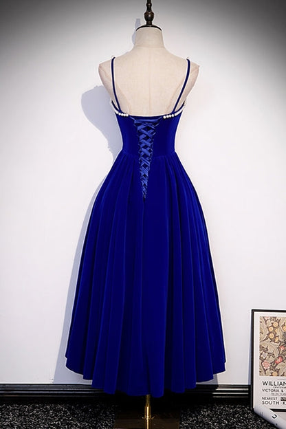 Burgundy Velvet A-line Midi Dress with Spaghetti Straps