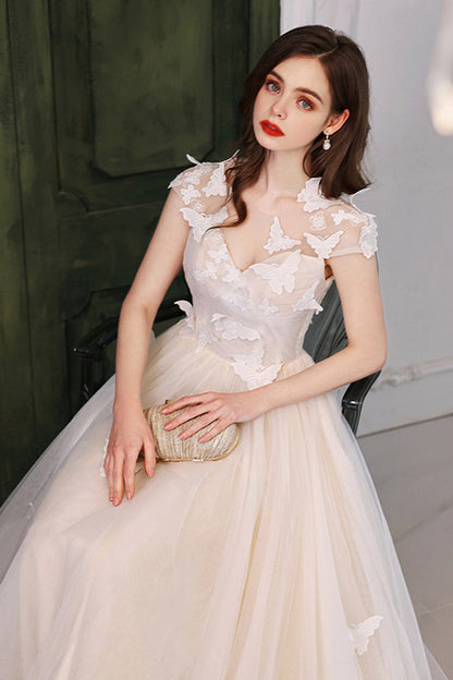 Butterfly Princess A-line White Tulle Long Formal Dress