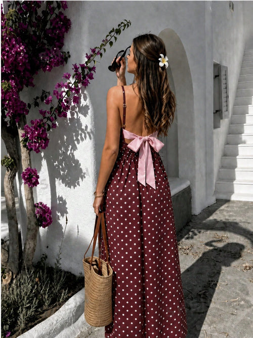 Cévolie Women's Polka Dot Backless Bow Decor Cami Dress