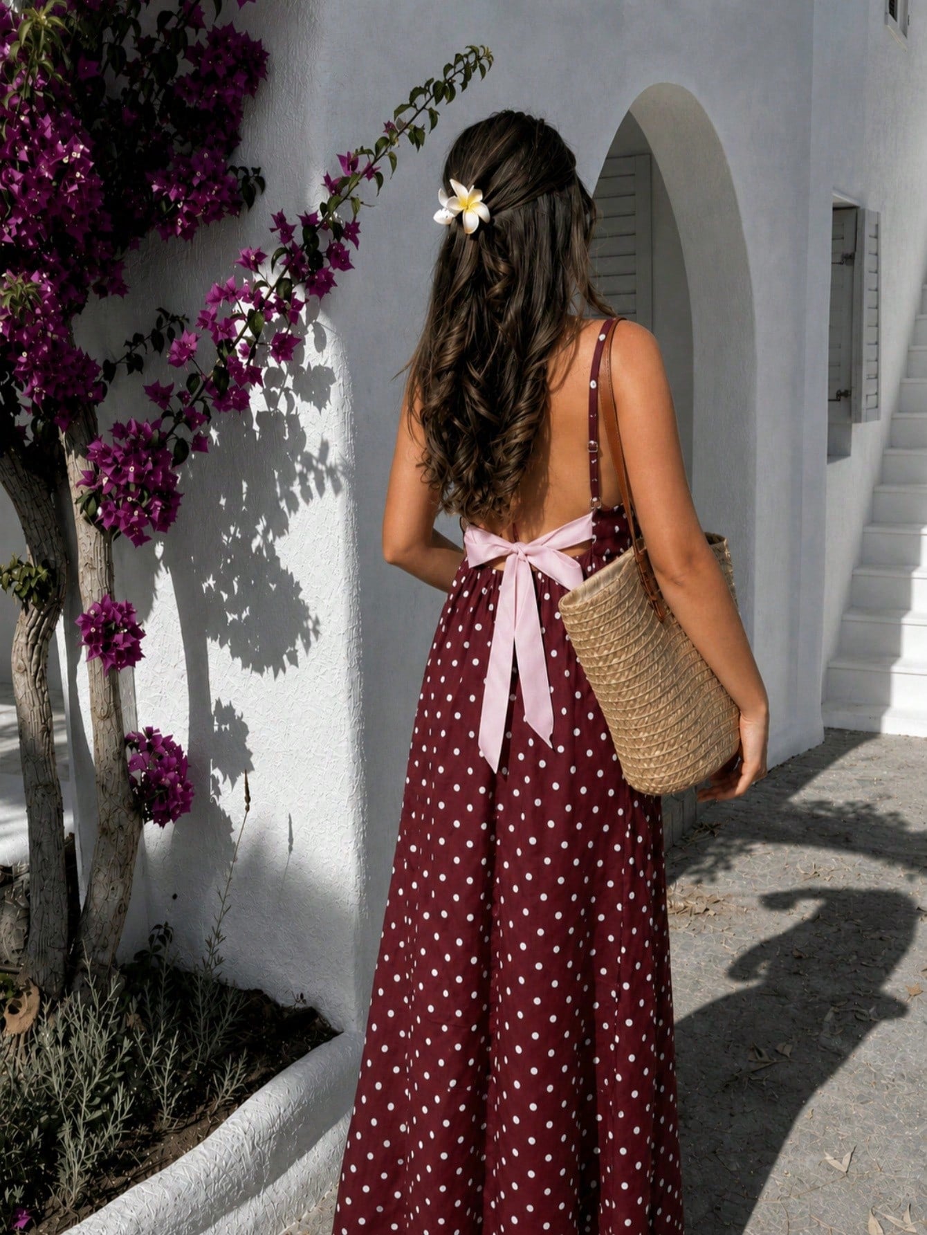 Cévolie Women's Polka Dot Backless Bow Decor Cami Dress