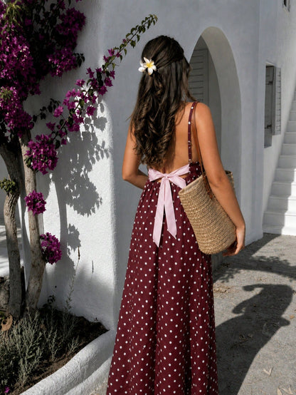 Cévolie Women's Polka Dot Backless Bow Decor Cami Dress