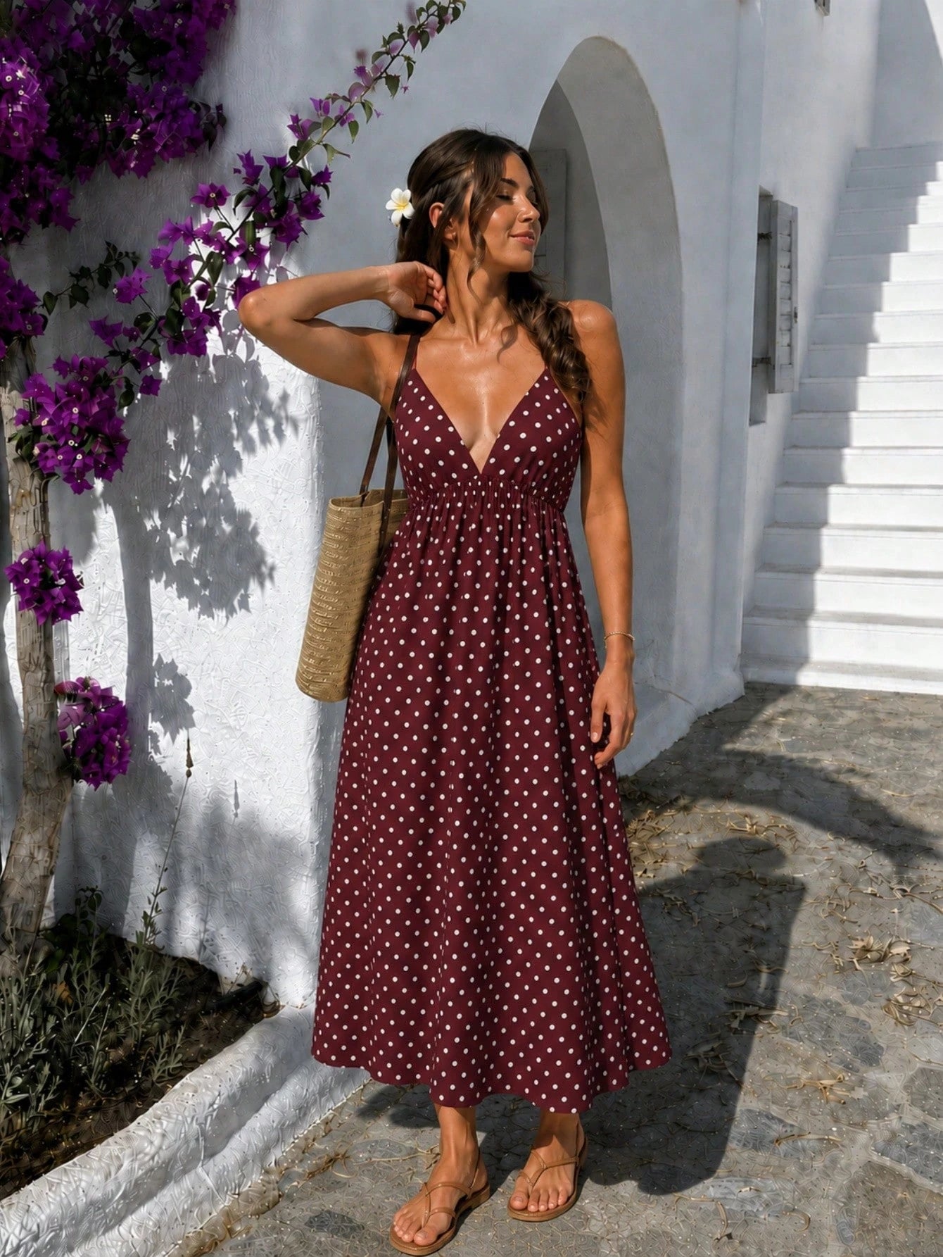 Cévolie Women's Polka Dot Backless Bow Decor Cami Dress