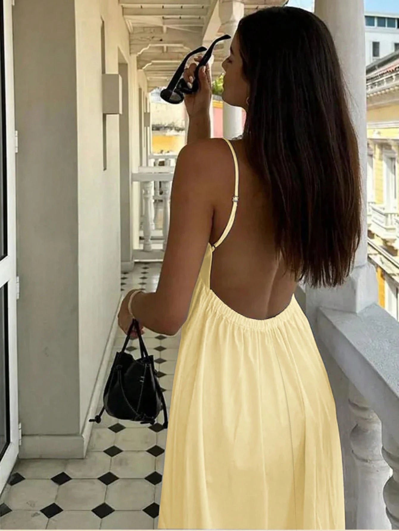 Cévolie Women's Polka Dot Backless Bow Decor Cami Dress