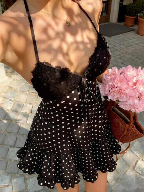 Cévolie Women's Spring/Summer Sexy Elegant Woven Halter Neck Tie-Up Cup Spliced Lace Polka Dot A-Line Ruffle Gathered Mini Dress,Fitting Dress