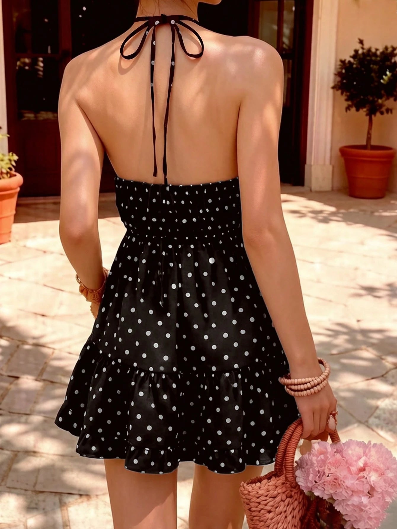 Cévolie Women's Spring/Summer Sexy Elegant Woven Halter Neck Tie-Up Cup Spliced Lace Polka Dot A-Line Ruffle Gathered Mini Dress,Fitting Dress