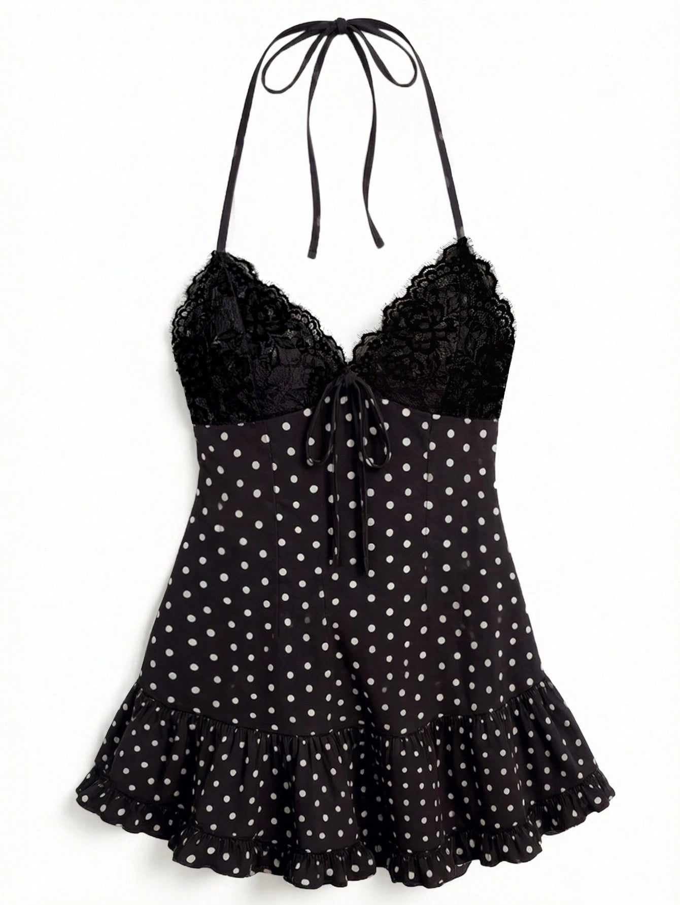 Cévolie Women's Spring/Summer Sexy Elegant Woven Halter Neck Tie-Up Cup Spliced Lace Polka Dot A-Line Ruffle Gathered Mini Dress,Fitting Dress
