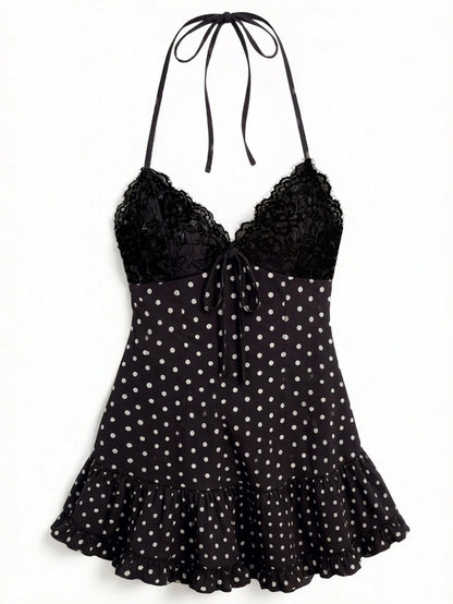 Cévolie Women's Spring/Summer Sexy Elegant Woven Halter Neck Tie-Up Cup Spliced Lace Polka Dot A-Line Ruffle Gathered Mini Dress,Fitting Dress