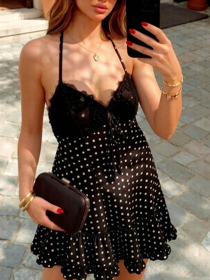 Cévolie Women's Spring/Summer Sexy Elegant Woven Halter Neck Tie-Up Cup Spliced Lace Polka Dot A-Line Ruffle Gathered Mini Dress,Fitting Dress