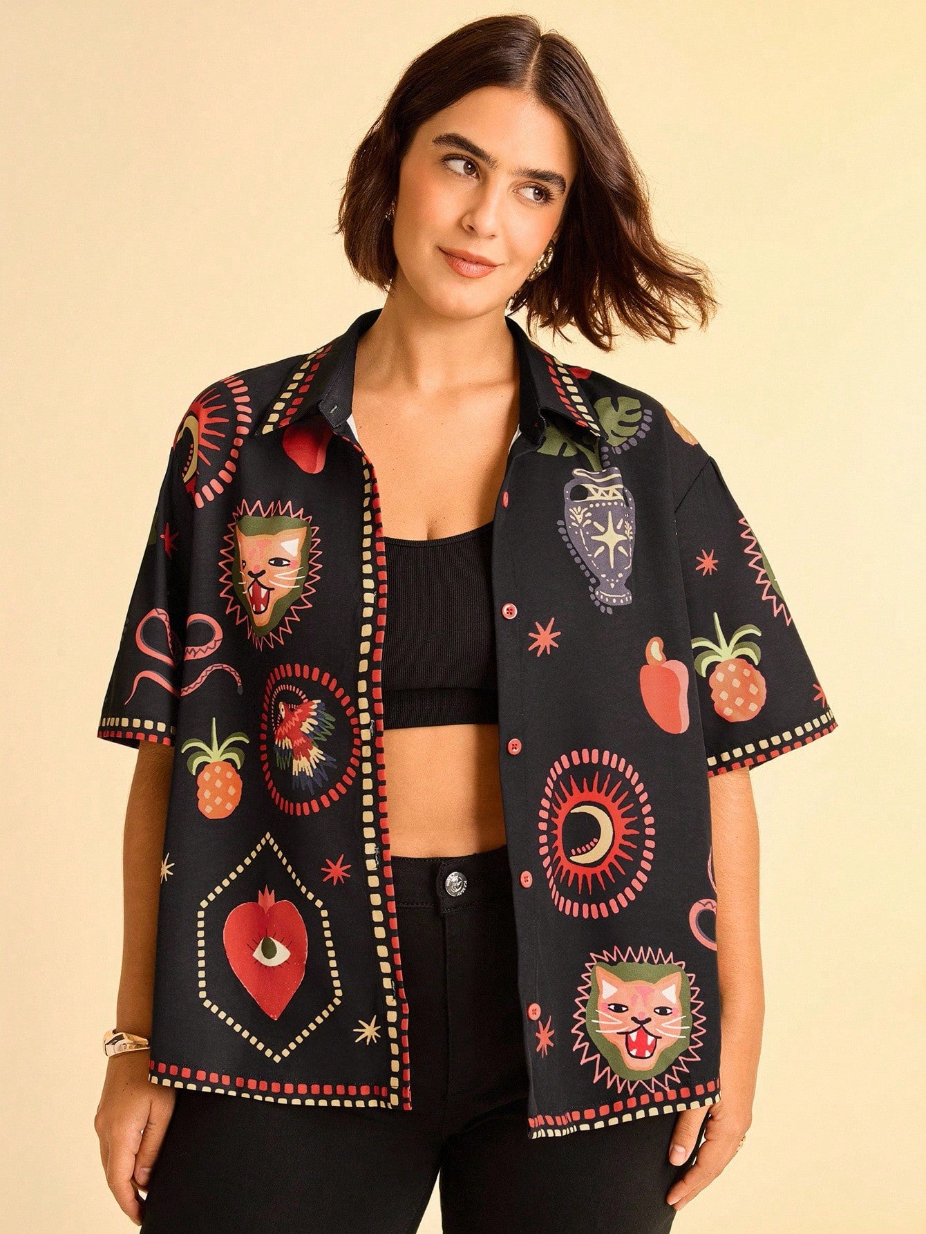CAJUNI Plus Size Women's Black Summer Beach Shirts, Casual Vacation Print With Bohemian Tropical Leopard, Monstera Leaf, Evil Eye, Snake And Bird Patterns
