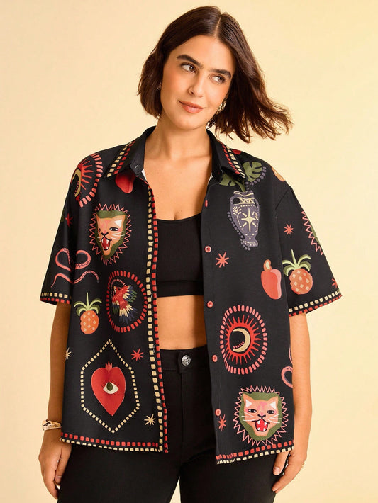 CAJUNI Plus Size Women's Black Summer Beach Shirts, Casual Vacation Print With Bohemian Tropical Leopard, Monstera Leaf, Evil Eye, Snake And Bird Patterns