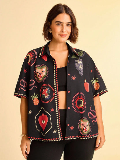 CAJUNI Plus Size Women's Black Summer Beach Shirts, Casual Vacation Print With Bohemian Tropical Leopard, Monstera Leaf, Evil Eye, Snake And Bird Patterns