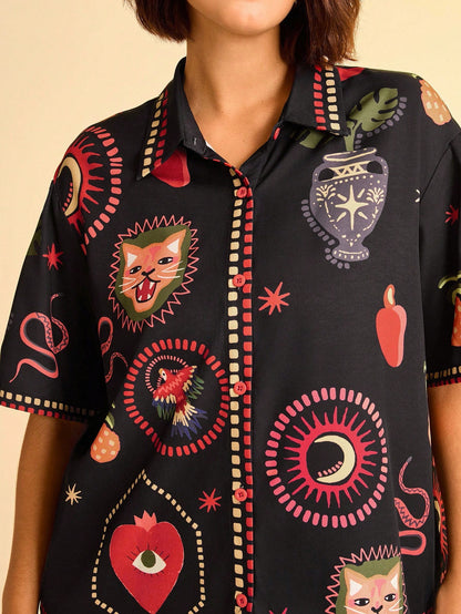 CAJUNI Plus Size Women's Black Summer Beach Shirts, Casual Vacation Print With Bohemian Tropical Leopard, Monstera Leaf, Evil Eye, Snake And Bird Patterns