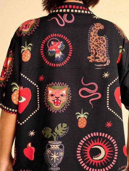 CAJUNI Plus Size Women's Black Summer Beach Shirts, Casual Vacation Print With Bohemian Tropical Leopard, Monstera Leaf, Evil Eye, Snake And Bird Patterns