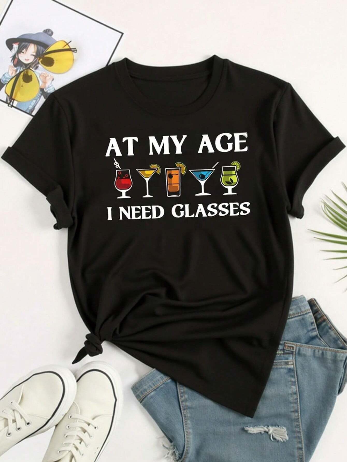 Calvaya As For My Age, I Need Glasses Print T-Shirt, Casual Round Neck Short Sleeve T-Shirt, Women Spring/Summer Clothing Graphic Tees Women Tops