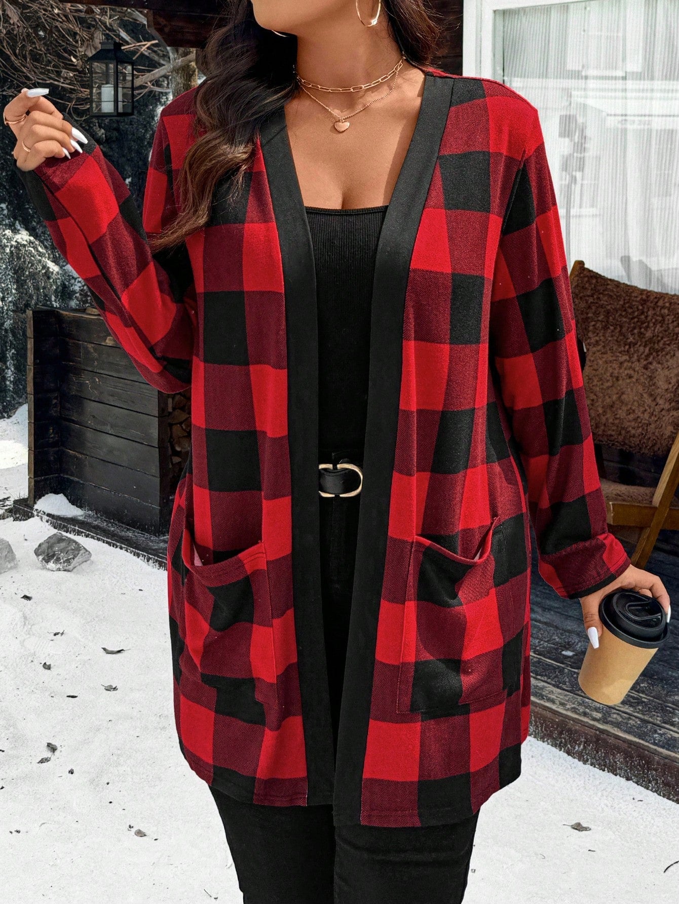 Calvaya Plus Size Christmas Red Plaid Jacket With Dual Pockets For New Year Clothes Fall Winter Cloth For Women Autumn