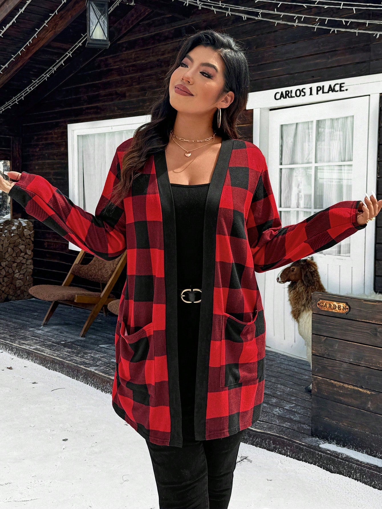Calvaya Plus Size Christmas Red Plaid Jacket With Dual Pockets For New Year Clothes Fall Winter Cloth For Women Autumn