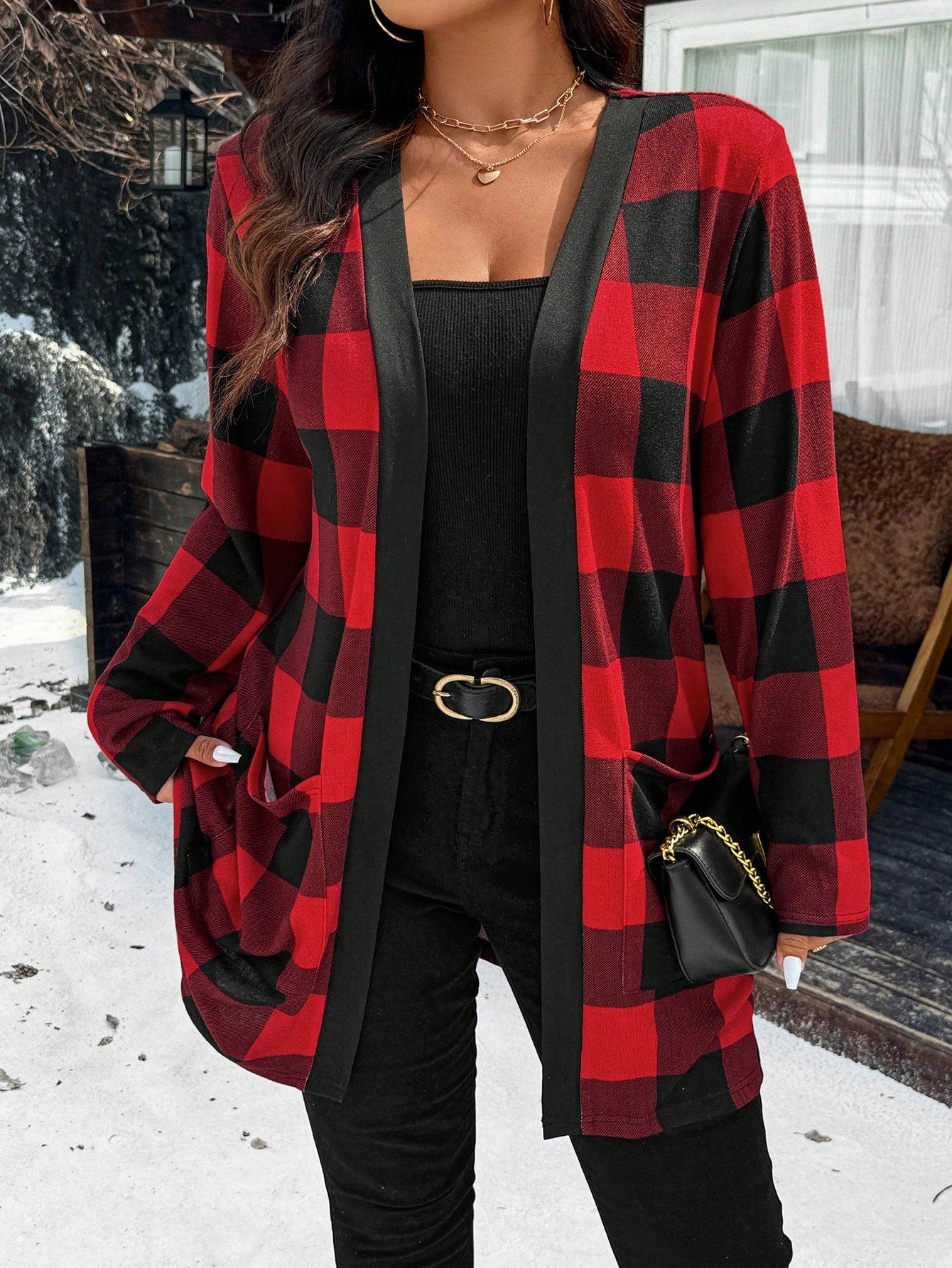 Calvaya Plus Size Christmas Red Plaid Jacket With Dual Pockets For New Year Clothes Fall Winter Cloth For Women Autumn