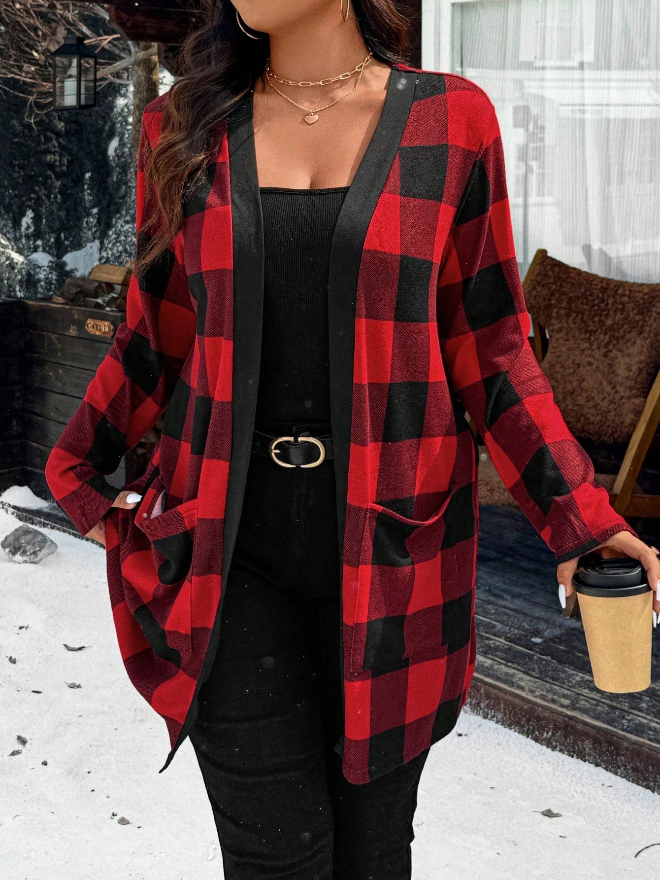 Calvaya Plus Size Christmas Red Plaid Jacket With Dual Pockets For New Year Clothes Fall Winter Cloth For Women Autumn