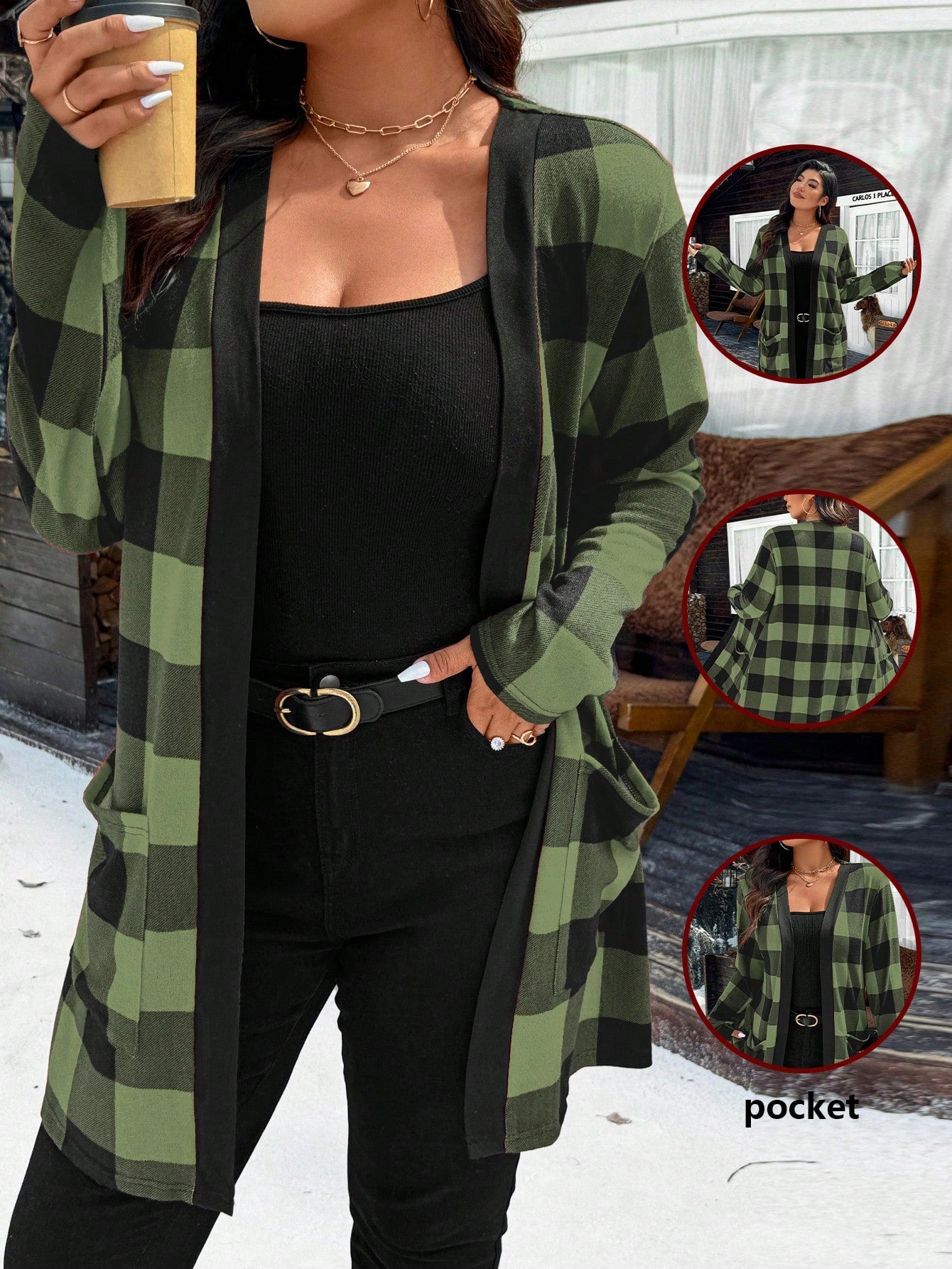 Calvaya Plus Size Christmas Red Plaid Jacket With Dual Pockets For New Year Clothes Fall Winter Cloth For Women Autumn