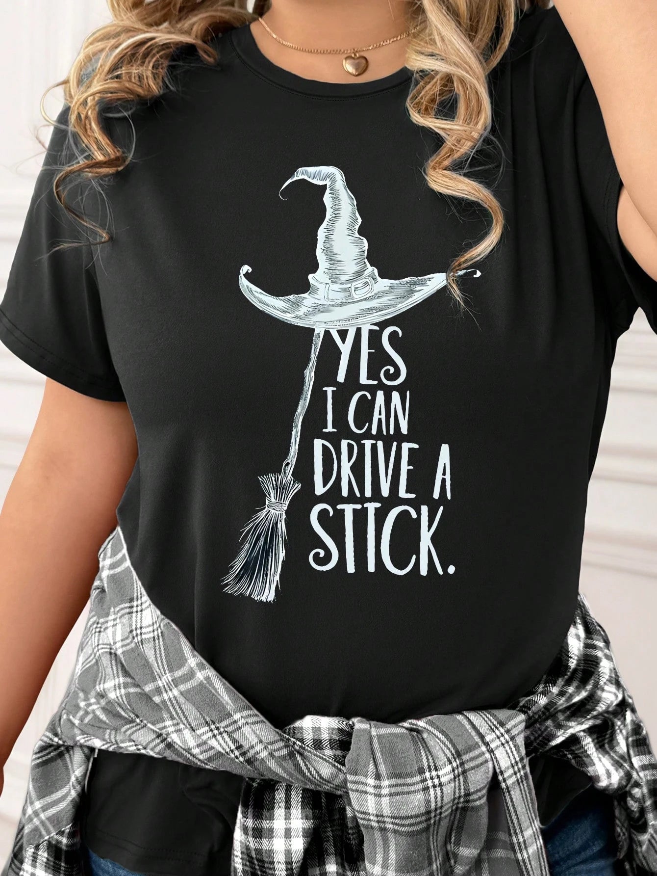 Calvaya Plus Size Tops Funny Witch Broomstick 'Yes I Can Drive A Stick' Letter Design Pattern Round Neck Short Sleeve T-Shirt Casual Graphic Tees