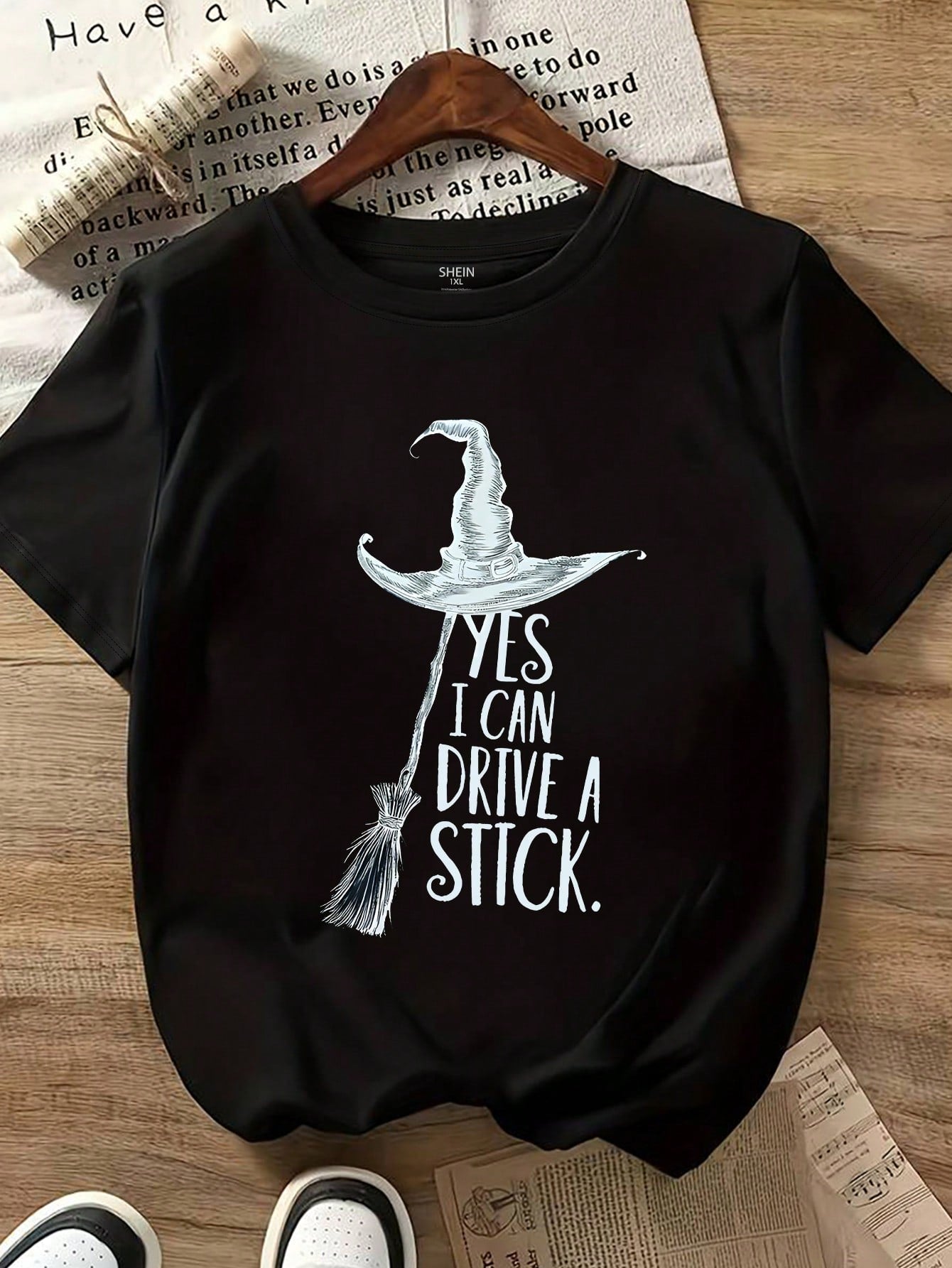 Calvaya Plus Size Tops Funny Witch Broomstick 'Yes I Can Drive A Stick' Letter Design Pattern Round Neck Short Sleeve T-Shirt Casual Graphic Tees
