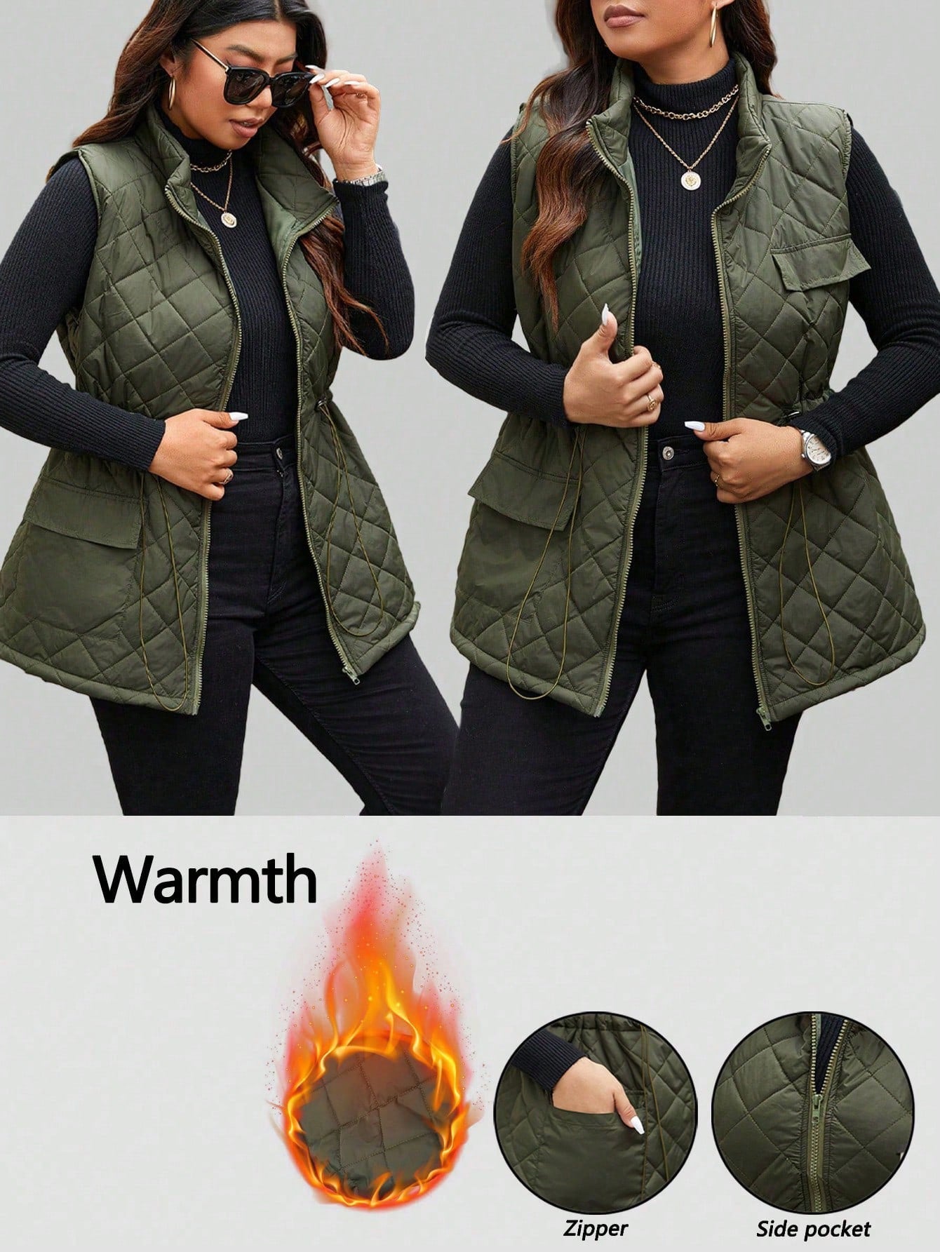 Calvaya Plus Size Women Drawstring Waist Cargo Pocket Casual Quilted Vest Jacket, Winter Clothes Fall Clothes, For Christmas Autumn