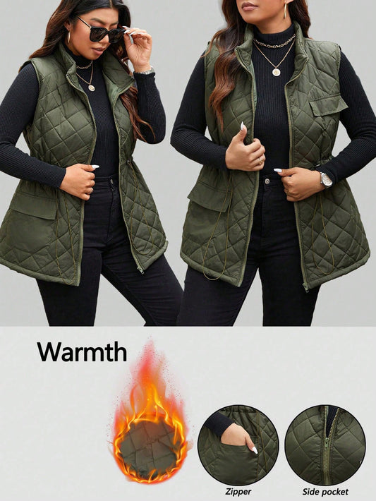 Calvaya Plus Size Women Drawstring Waist Cargo Pocket Casual Quilted Vest Jacket, Winter Clothes Fall Clothes, For Christmas Autumn