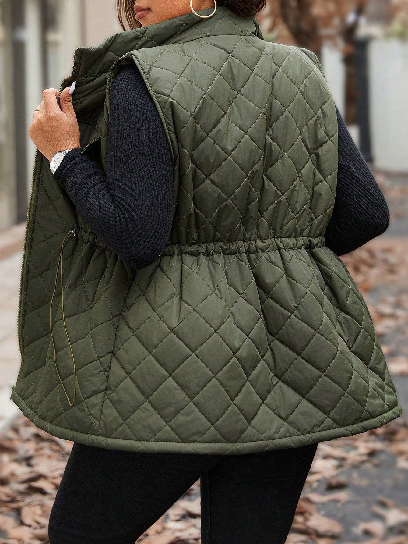 Calvaya Plus Size Women Drawstring Waist Cargo Pocket Casual Quilted Vest Jacket, Winter Clothes Fall Clothes, For Christmas Autumn