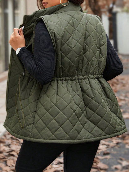 Calvaya Plus Size Women Drawstring Waist Cargo Pocket Casual Quilted Vest Jacket, Winter Clothes Fall Clothes, For Christmas Autumn