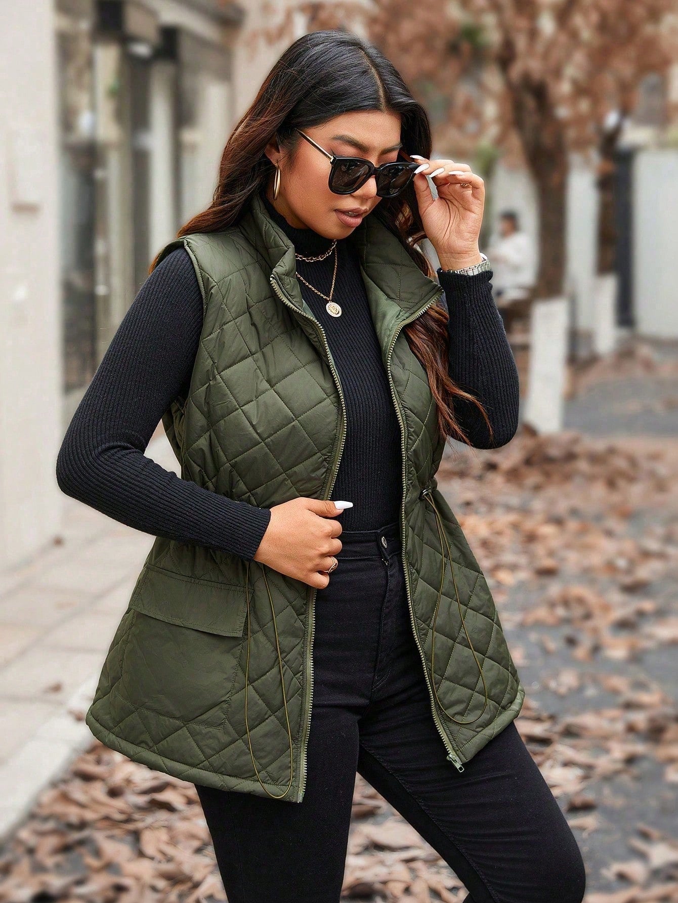 Calvaya Plus Size Women Drawstring Waist Cargo Pocket Casual Quilted Vest Jacket, Winter Clothes Fall Clothes, For Christmas Autumn