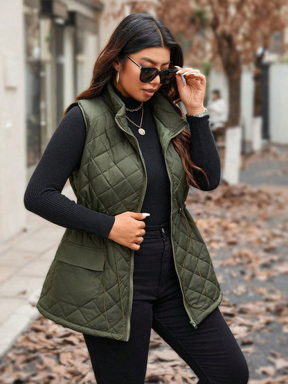 Calvaya Plus Size Women Drawstring Waist Cargo Pocket Casual Quilted Vest Jacket, Winter Clothes Fall Clothes, For Christmas Autumn