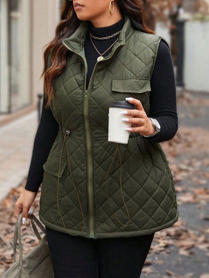 Calvaya Plus Size Women Drawstring Waist Cargo Pocket Casual Quilted Vest Jacket, Winter Clothes Fall Clothes, For Christmas Autumn