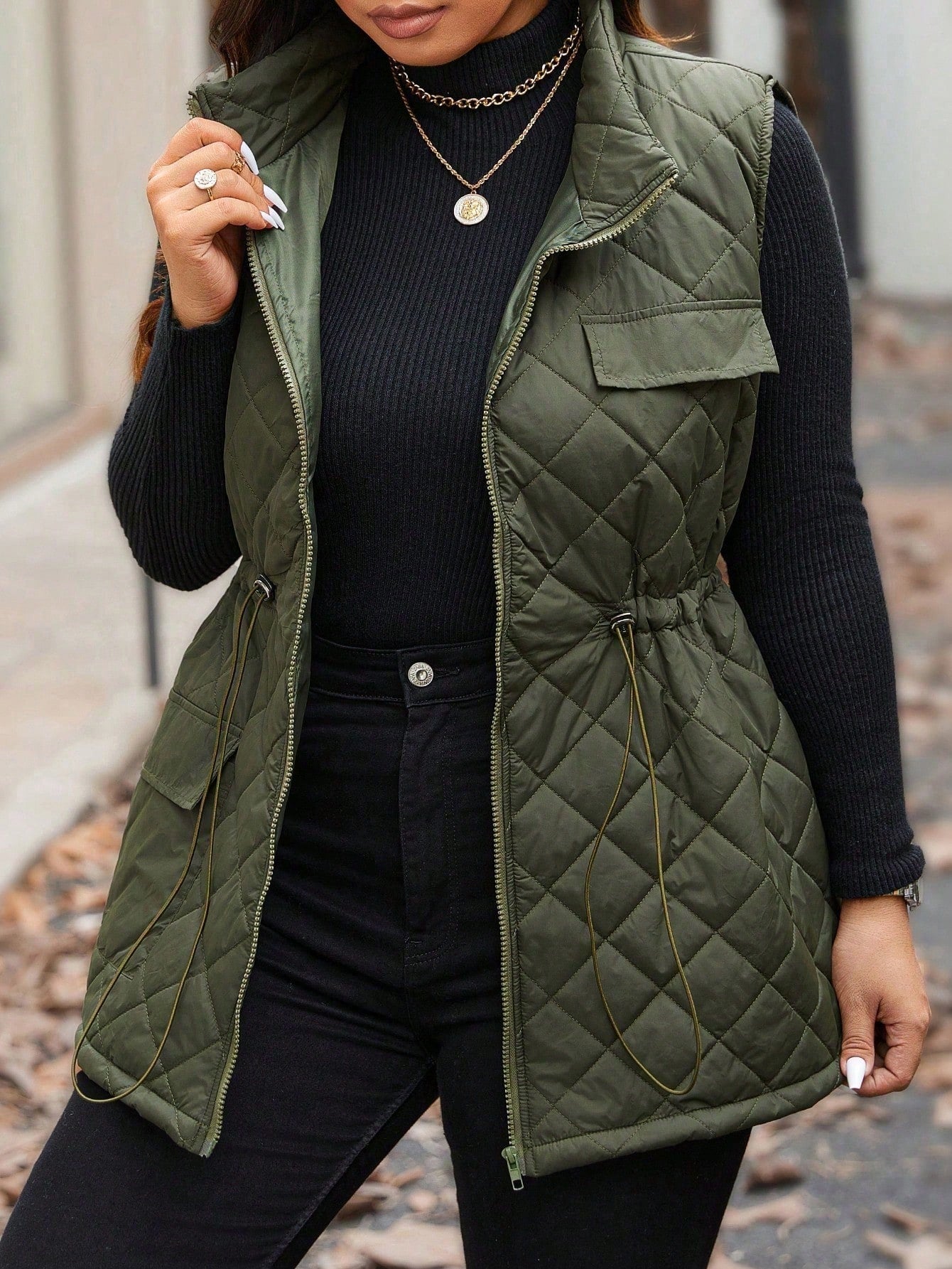 Calvaya Plus Size Women Drawstring Waist Cargo Pocket Casual Quilted Vest Jacket, Winter Clothes Fall Clothes, For Christmas Autumn
