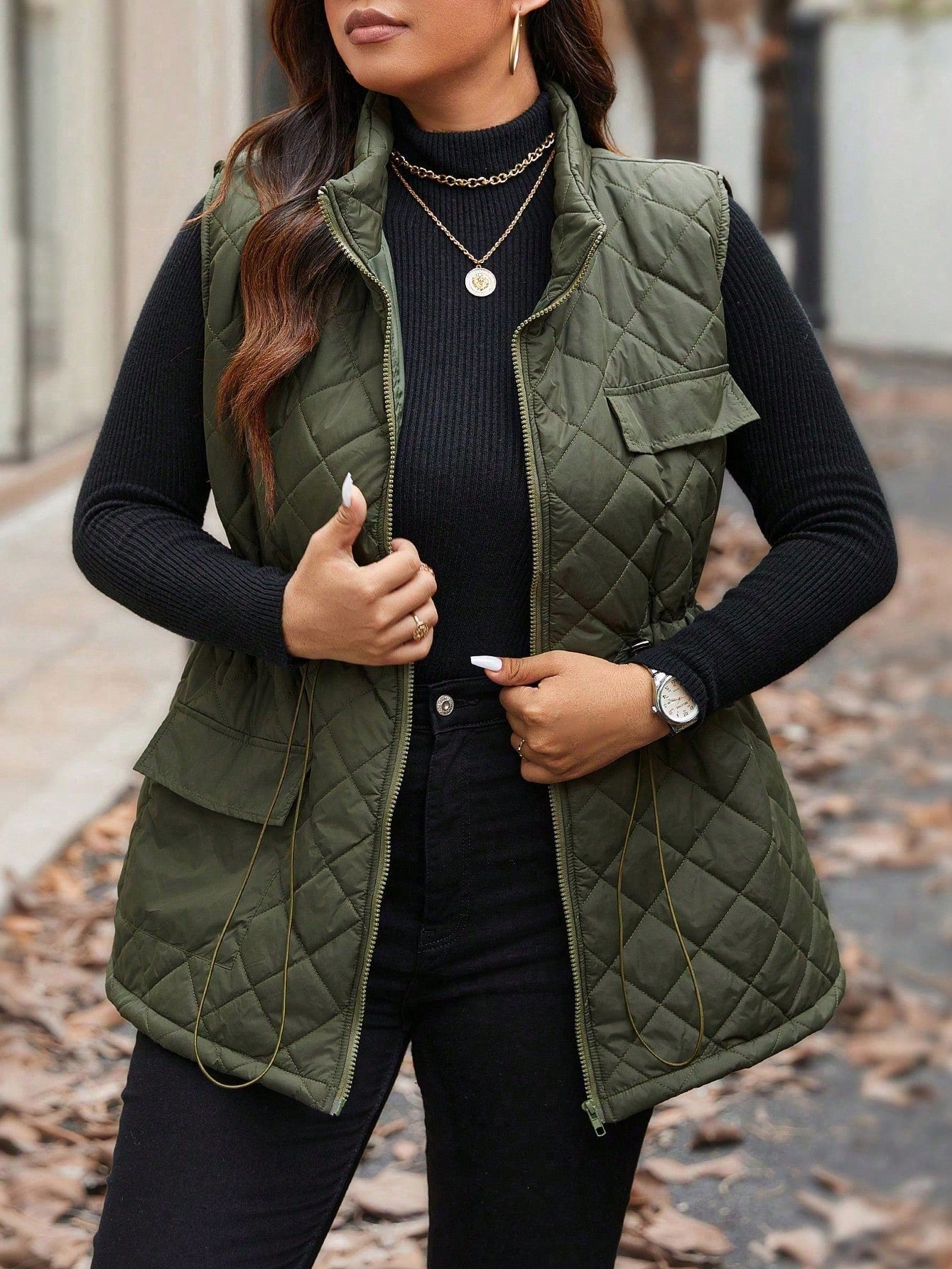 Calvaya Plus Size Women Drawstring Waist Cargo Pocket Casual Quilted Vest Jacket, Winter Clothes Fall Clothes, For Christmas Autumn