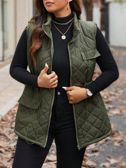 Calvaya Plus Size Women Drawstring Waist Cargo Pocket Casual Quilted Vest Jacket, Winter Clothes Fall Clothes, For Christmas Autumn