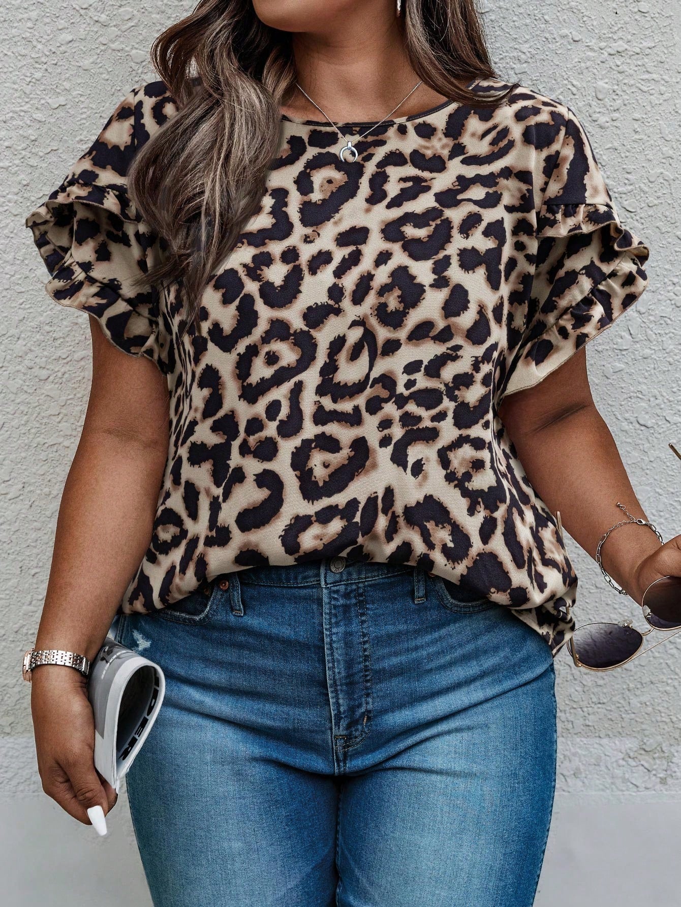 Calvaya Plus Size Women Leopard Print Petal Sleeve Round Neck Loose Casual Blouse Chic