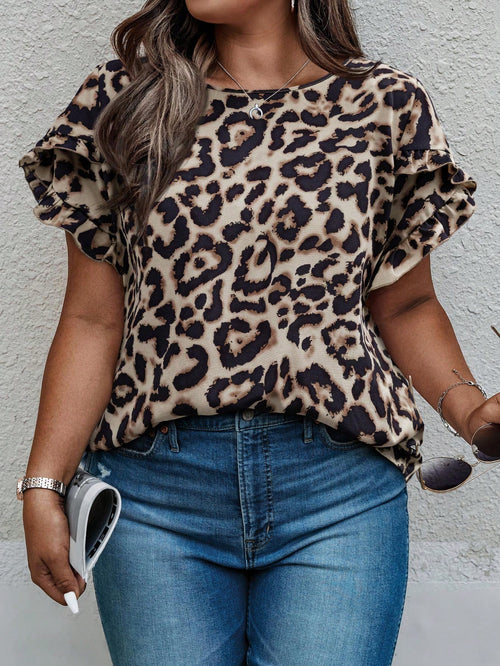 Calvaya Plus Size Women Leopard Print Petal Sleeve Round Neck Loose Casual Blouse Chic