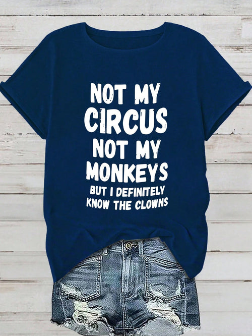 Calvaya Plus Size Women's Funny Slogan T-Shirt,Not My Circus Not My Monkeys Letter Print Navy Blue Crew Neck Short Sleeve Tee,Summer Casual Everyday T-Shirts