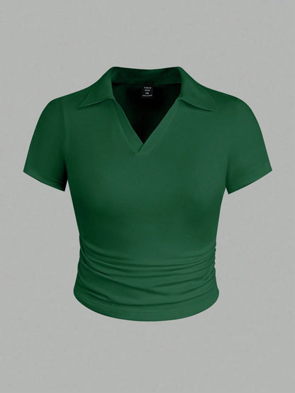 Calvaya Plus Size Women's Summer Solid Color Lapel Short Sleeve Casual T-Shirt