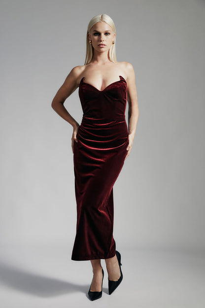Camellia Velour Midi Dress - Burgundy - SHOPJAUS - JAUS