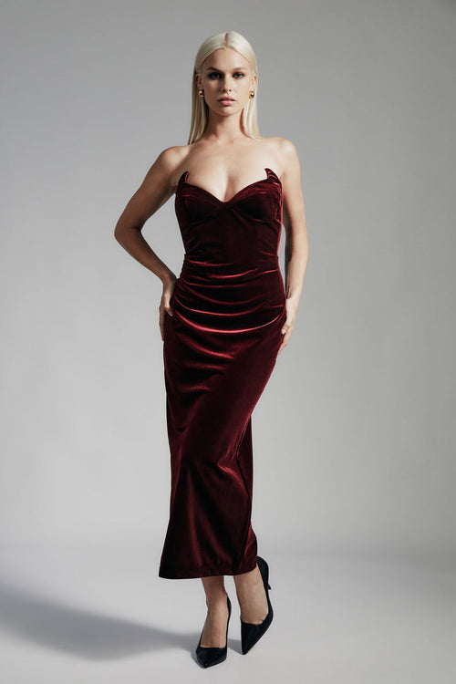 Camellia Velour Midi Dress - Burgundy - SHOPJAUS - JAUS