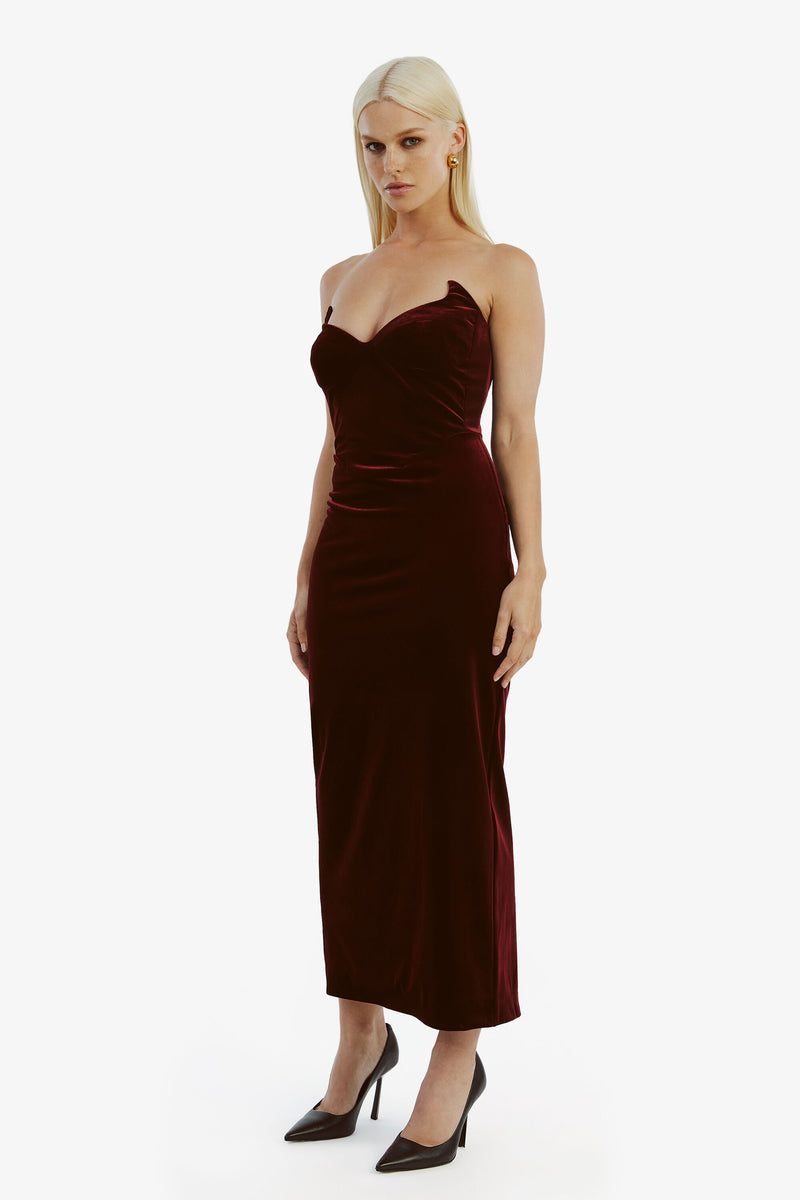 Camellia Velour Midi Dress - Burgundy - SHOPJAUS - JAUS