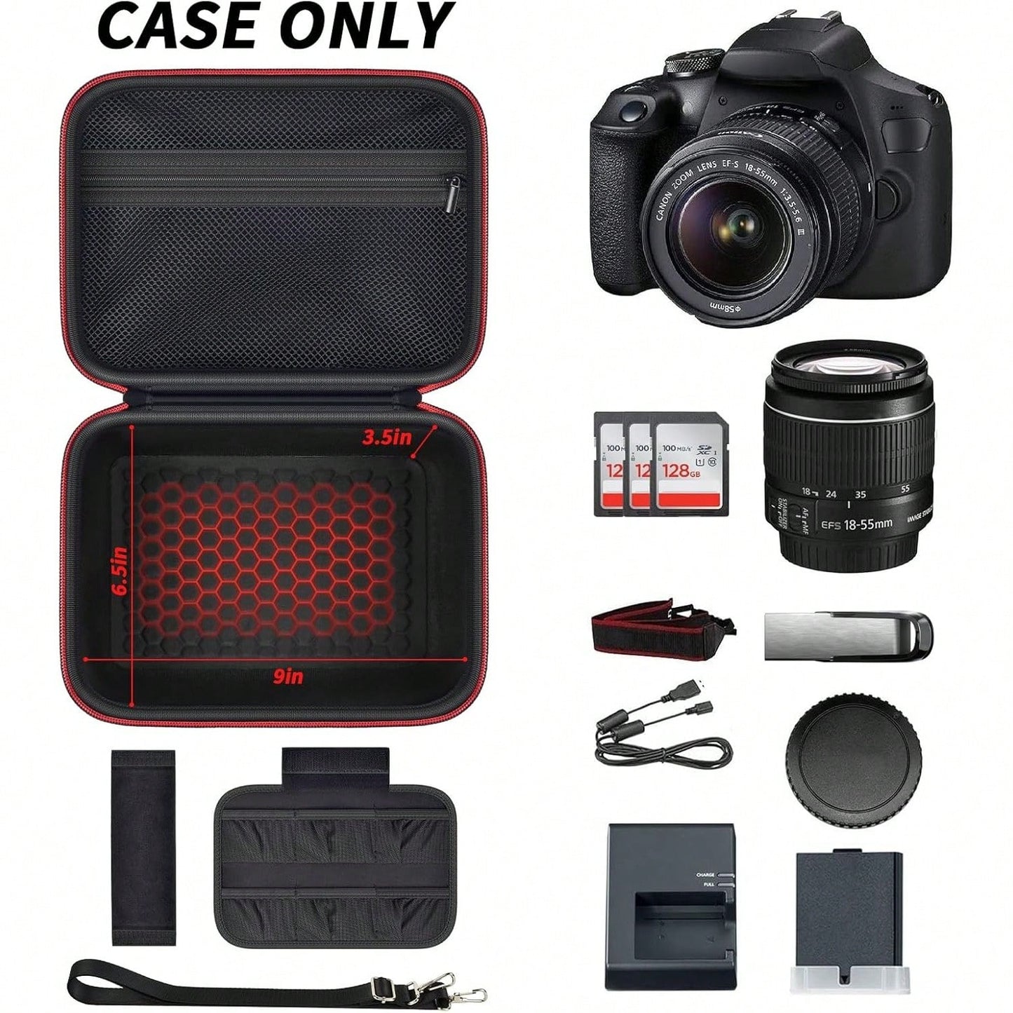 Camera Case For Canon Eos Rebel T7/R50/R100 Mark II/R50V/R10/R5/R6/R8 Mark IV/SL3 DSLR SLR Camera, Travel Mirrorless Camera Carrying Bag For Lens, Cables, SD Card And Accessories (Box Only)
