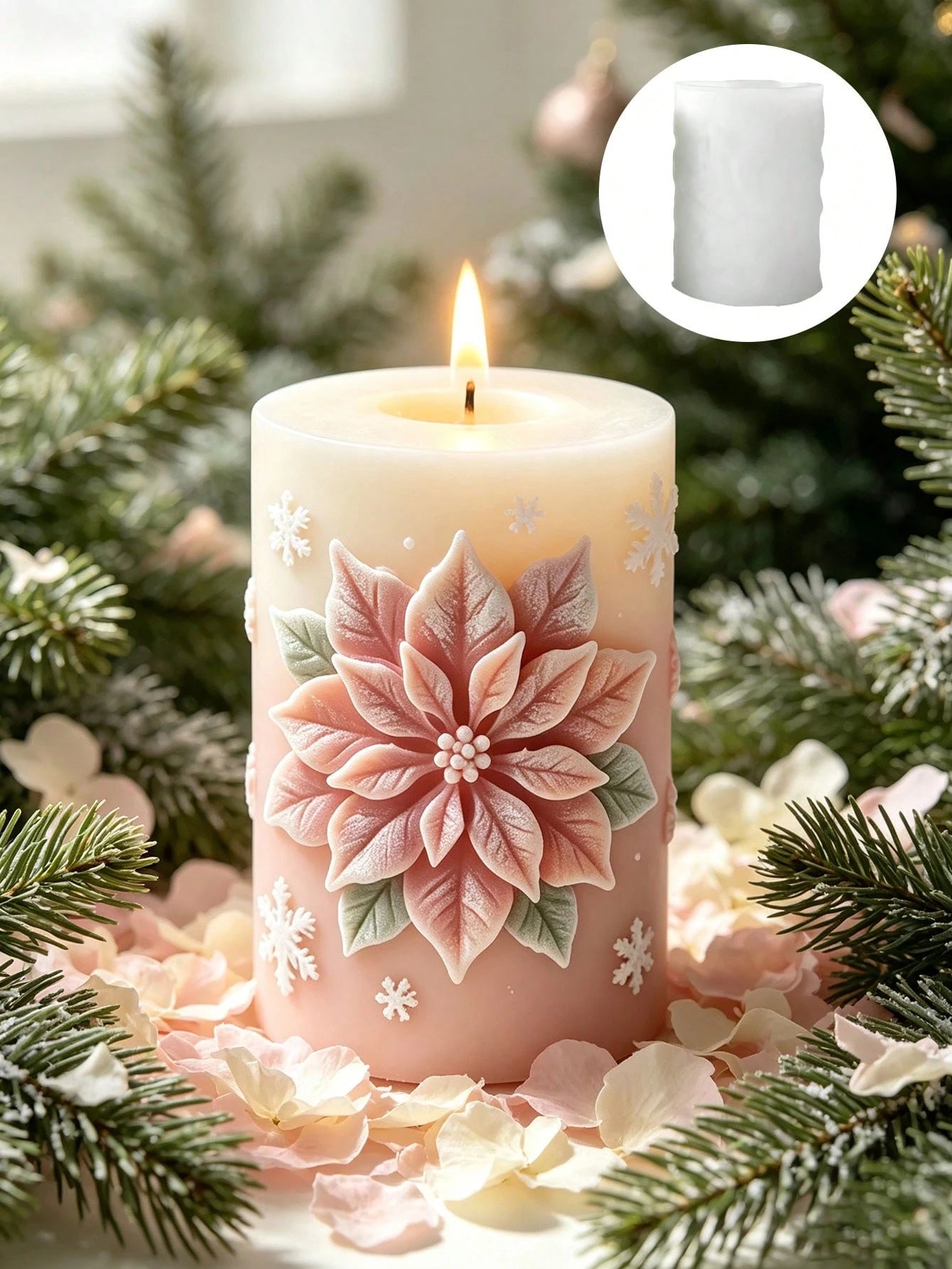 Candle Mold- Embossed Fuchsia Flower Cylindrical Silicone Candle Mold, 3D Flower & Leaf Christmas Embossed Aromatherapy Candle Cup Mold, DIY Epoxy Resin Plaster Winter Floral Art Decor, Handmade Soap
