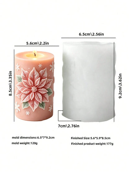 Candle Mold- Embossed Fuchsia Flower Cylindrical Silicone Candle Mold, 3D Flower & Leaf Christmas Embossed Aromatherapy Candle Cup Mold, DIY Epoxy Resin Plaster Winter Floral Art Decor, Handmade Soap