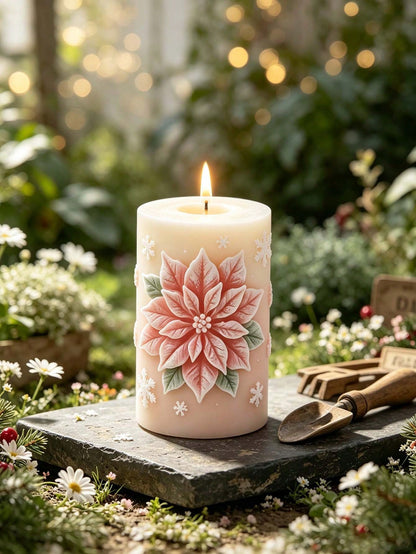 Candle Mold- Embossed Fuchsia Flower Cylindrical Silicone Candle Mold, 3D Flower & Leaf Christmas Embossed Aromatherapy Candle Cup Mold, DIY Epoxy Resin Plaster Winter Floral Art Decor, Handmade Soap