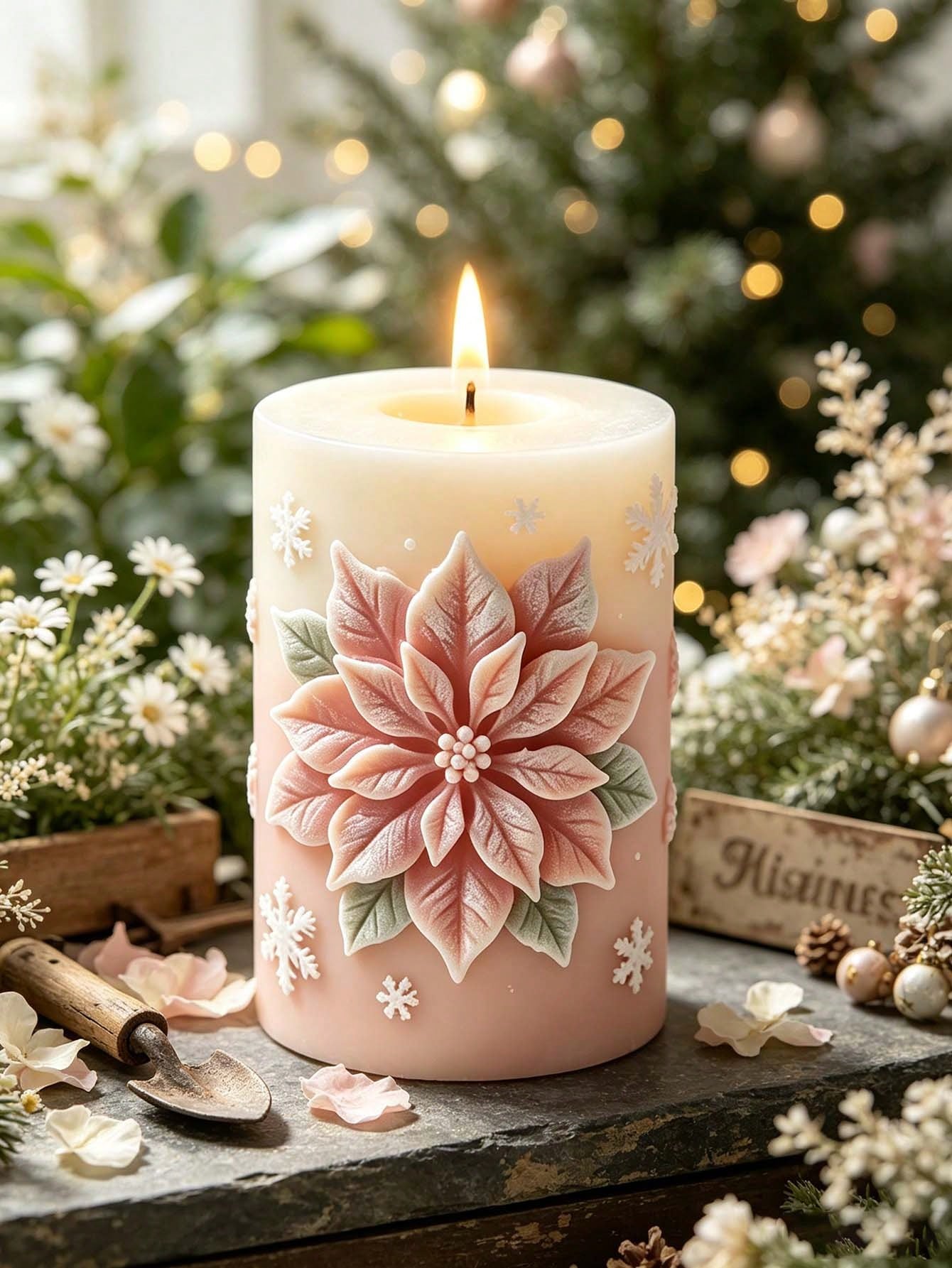 Candle Mold- Embossed Fuchsia Flower Cylindrical Silicone Candle Mold, 3D Flower & Leaf Christmas Embossed Aromatherapy Candle Cup Mold, DIY Epoxy Resin Plaster Winter Floral Art Decor, Handmade Soap
