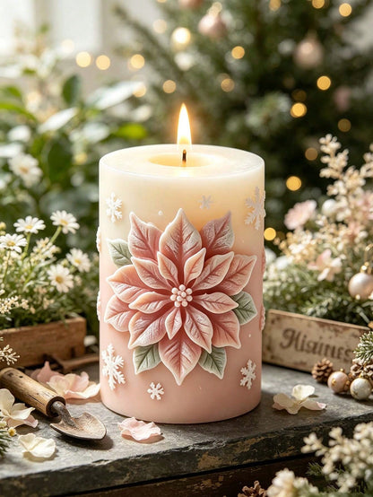 Candle Mold- Embossed Fuchsia Flower Cylindrical Silicone Candle Mold, 3D Flower & Leaf Christmas Embossed Aromatherapy Candle Cup Mold, DIY Epoxy Resin Plaster Winter Floral Art Decor, Handmade Soap