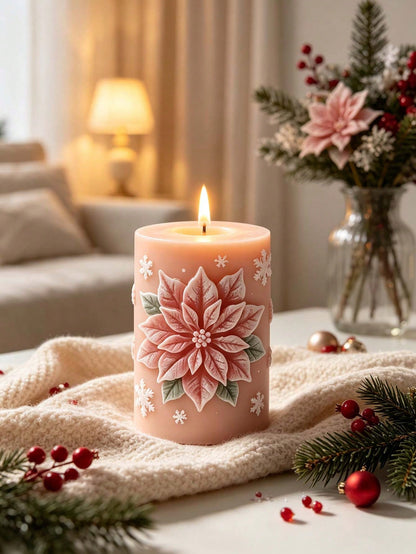 Candle Mold- Embossed Fuchsia Flower Cylindrical Silicone Candle Mold, 3D Flower & Leaf Christmas Embossed Aromatherapy Candle Cup Mold, DIY Epoxy Resin Plaster Winter Floral Art Decor, Handmade Soap