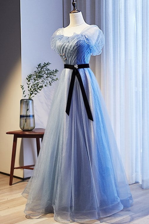 Cap Sleeves Blue A-line Tulle Long Formal Dress